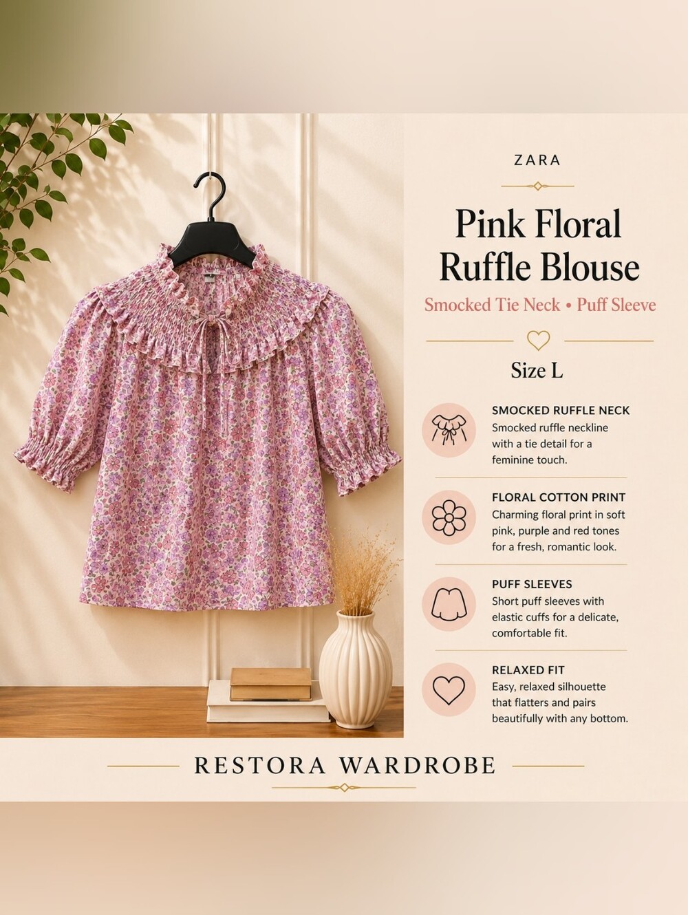 Zara Pink Floral Puff Sleeve Blouse Smocked Ruffle Neck Coquette L